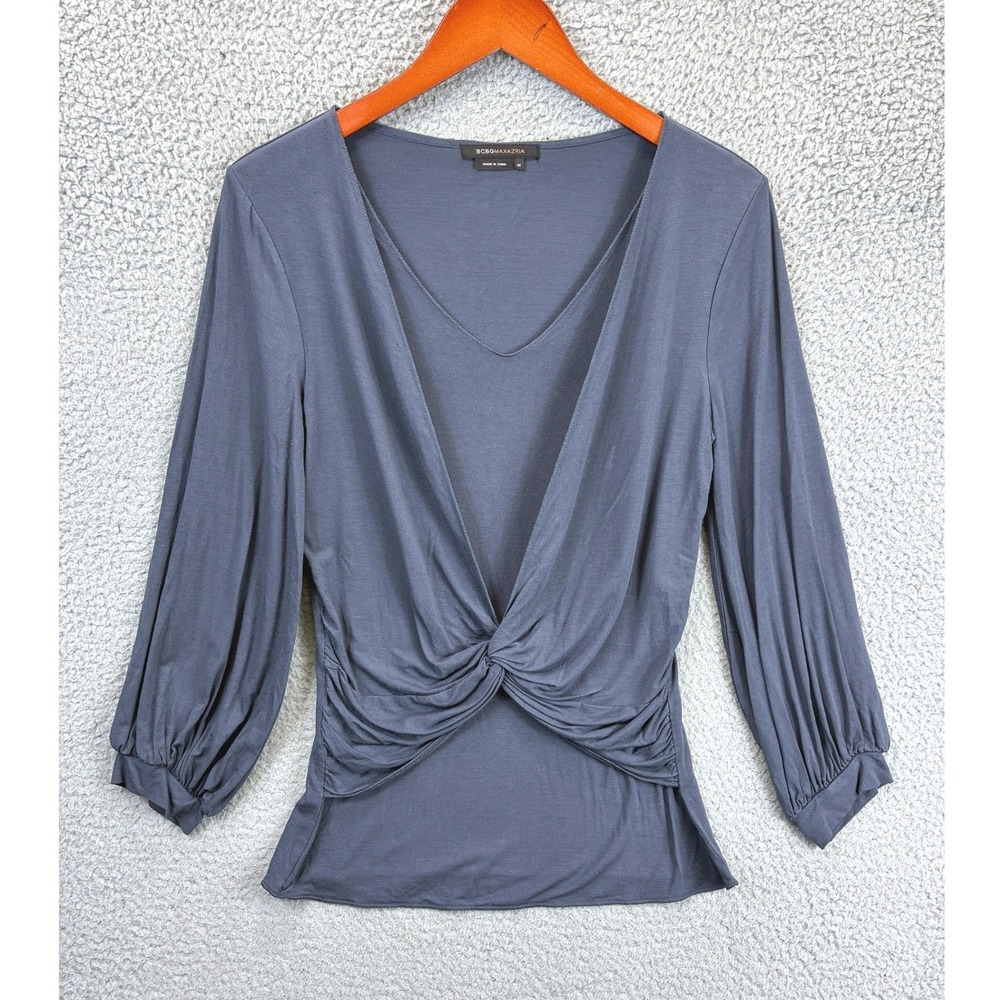 BCBGMAXAZRIA Twist Front Blouse Womens M Blue Deep V-Neck Long Sleeve Party